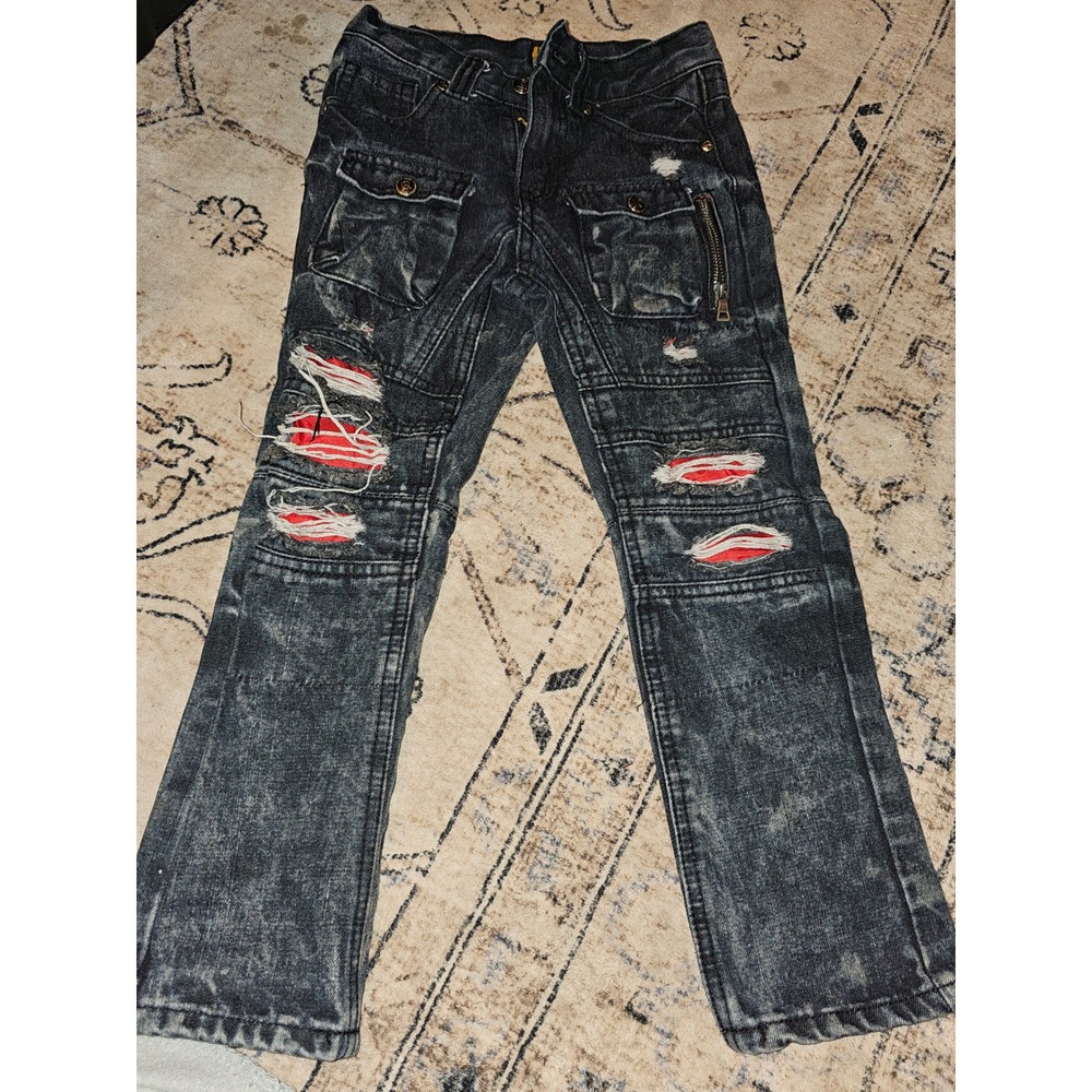Boys LR Scoop Distressed W/ Red Underlay Moto Jeans Size 6